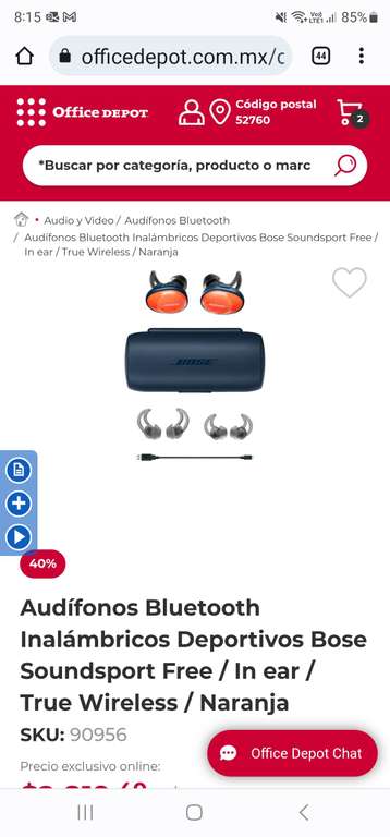 Office Depot: Audífonos Bluetooth Inalámbricos Deportivos Bose Soundsport Free / In ear / True Wireless / Naranja