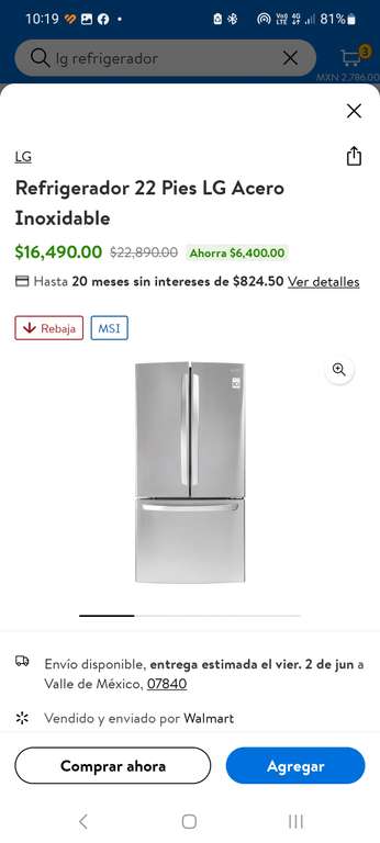 Walmart Refrigerador LG french Doors 22 pies acero inoxidable 13990 con BBVA o AMEX