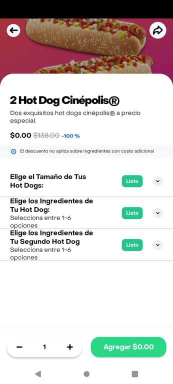 Rappi: Cinepolis hotdog básico 100 % de descuento