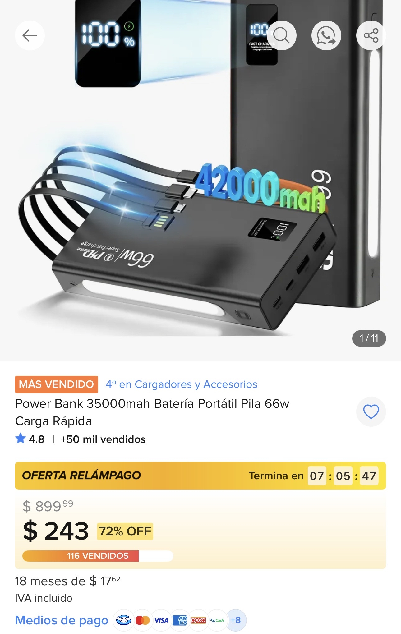 Mercado Libre: Power Bank 35000mah Batería Portátil Pila 66w Carga Rápida