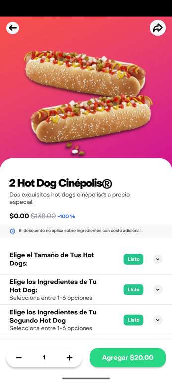 Rappi [Cinépolis]: 2 hot dogs por 0 pesitos, me aplicó en Tuxtla Gutiérrez