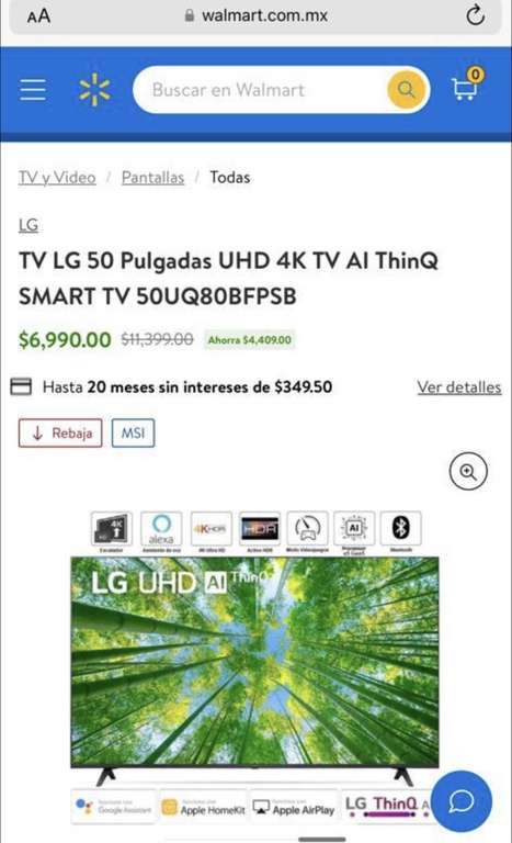 Walmart: TV LG 50” UHD 4K TV AI ThinQ SMART TV 50UQ80BFPSB