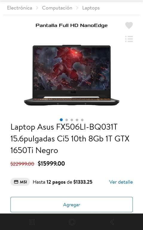 Walmart: Laptop Asus FX506LI-BQ031T 15.6pulgadas Ci5 10th 8Gb 1T GTX 1650Ti Negro