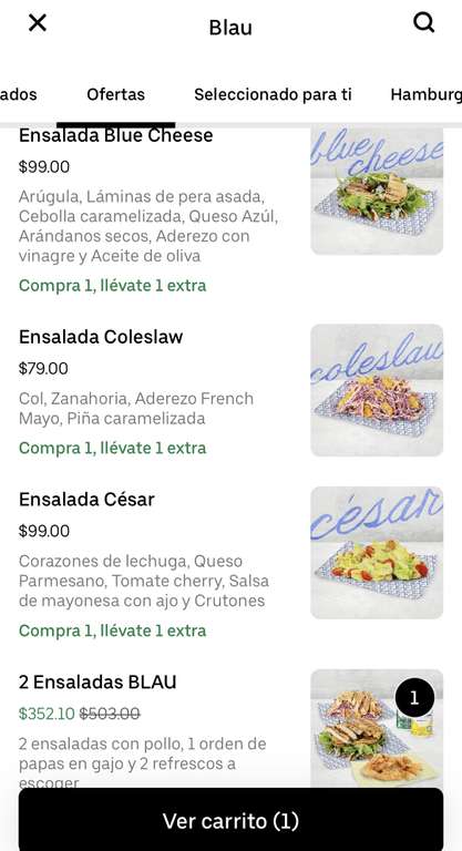 Uber Eats, Blau: 2 ensaladas con pollo, papas y 2 refrescos por $272,1