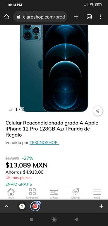 Claro Shop: Celular Reacondicionado grado A Apple iPhone 12 Pro 128GB Azul Funda de Regalo (BANORTE 20%) BONIFICACIÓN SIN NOMINA
