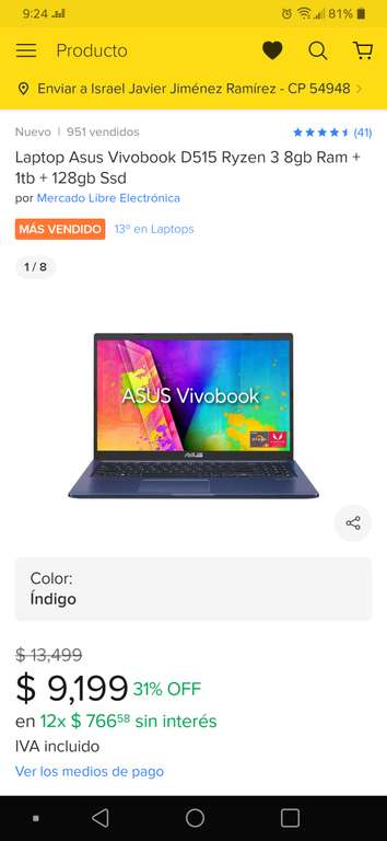 Mercado Libre: Laptop Asus Vivobook D515 Ryzen 3 8gb Ram + 1tb + 128gb Ssd (para estudiante de prepa)
