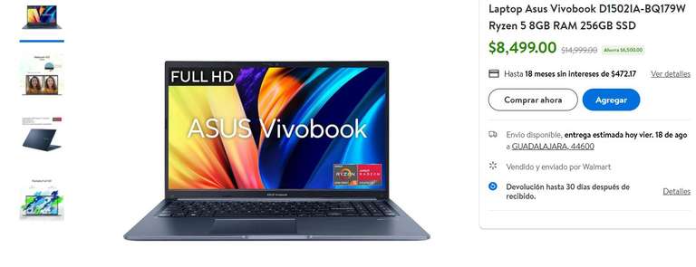 Walmart: Laptop Asus Vivobook D1502IA-BQ179W Ryzen 5 8GB RAM 256GB SSD