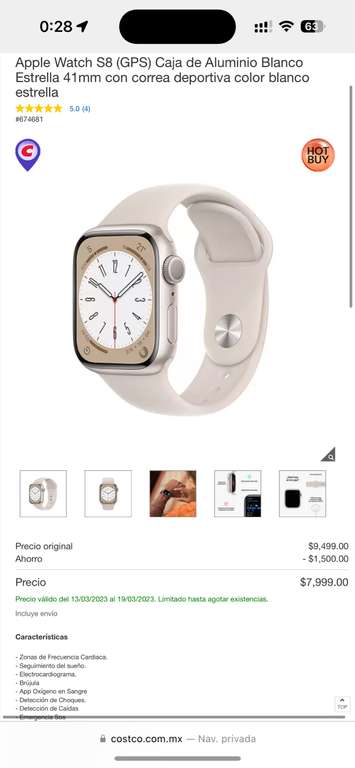 Costco: Apple Watch S8 41 mm GPS a 12 MSI vía PayPal