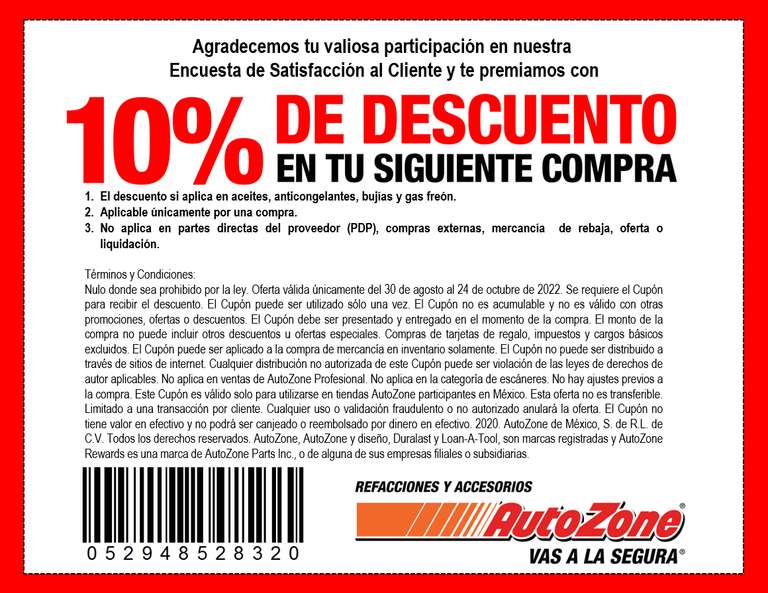 10% de descuento en AutoZone para siguiente compra (aceites, anticongelantes, bujías y gas freón)