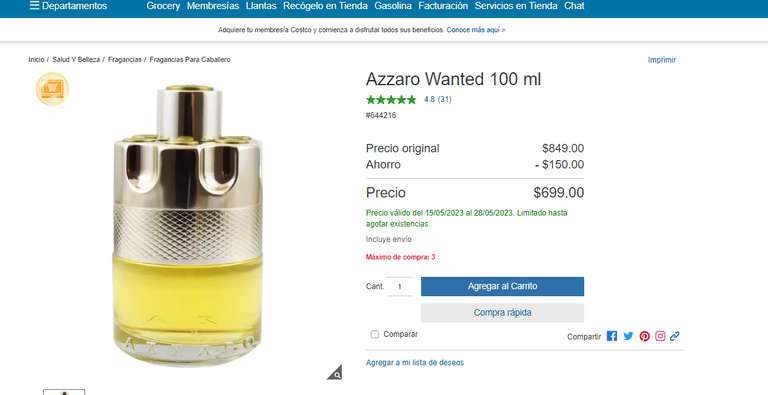 Costco: Azzaro Wanted 100 ml