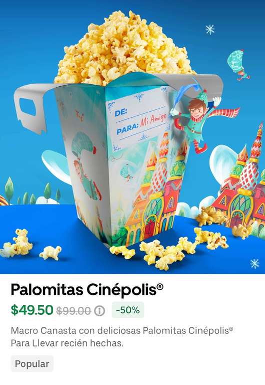 Palomitas Cinepolis a $49.50 en Uber Eats