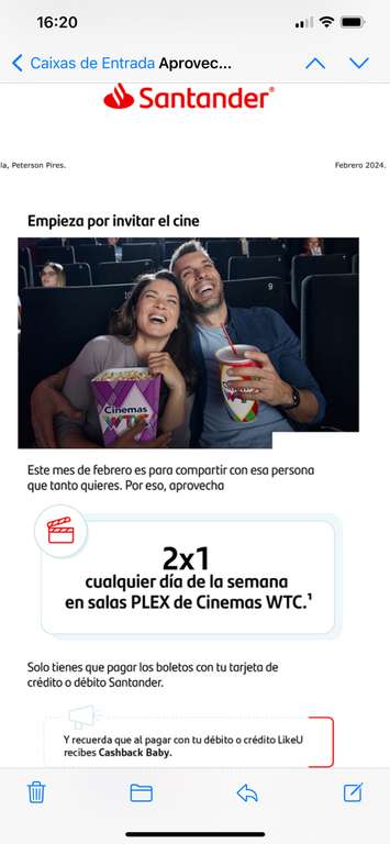 Santander - Aprovecha 2x1 para invitar el cine (Cinemas WTC)