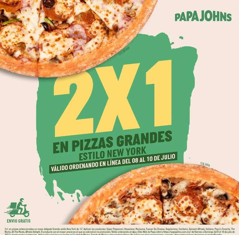 Papa John's: 2x1 Pizzas Grandes estilo NY ordenando en línea (zonas seleccionadas)