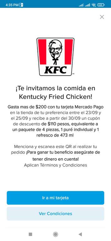$110 en KFC usando tarjeta mercado Pago, compra mínima $200