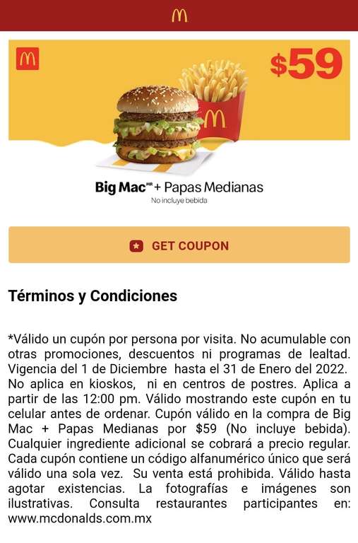 McDonald's : Big Mac + Papas Medianas por $59