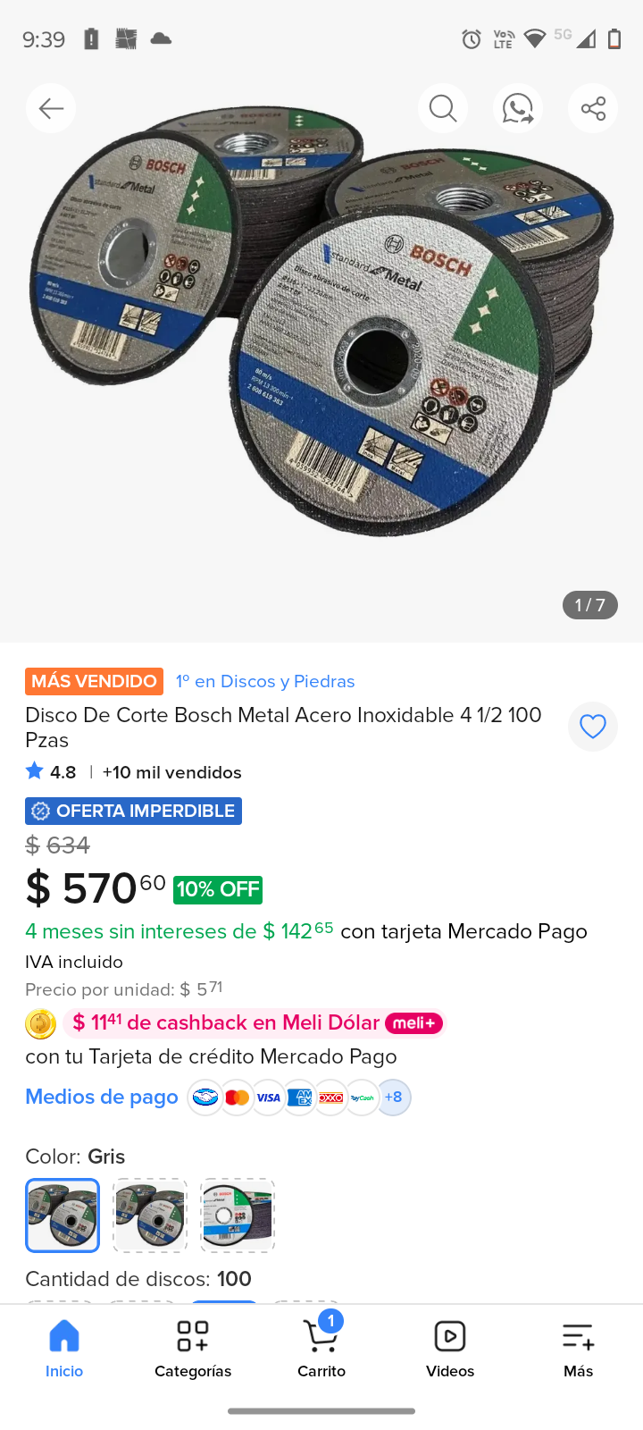 Mercado libre: discos de corte 4 1/2 Bosch 100 pzas