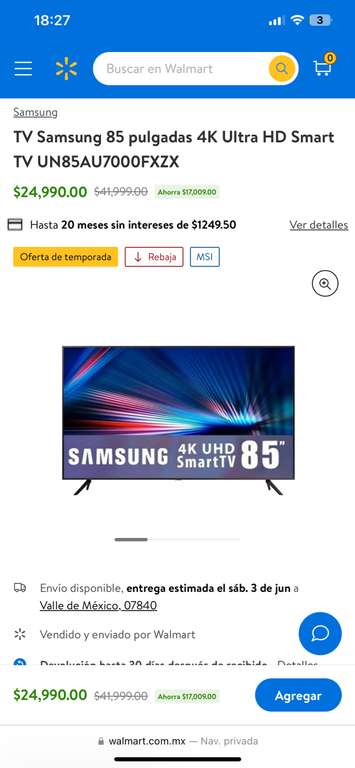 Walmart: TV Samsung 85 pulgadas 4K Ultra HD Smart TV UN85AU7000FXZX | Pagando con Citibanamex a 18 MSI