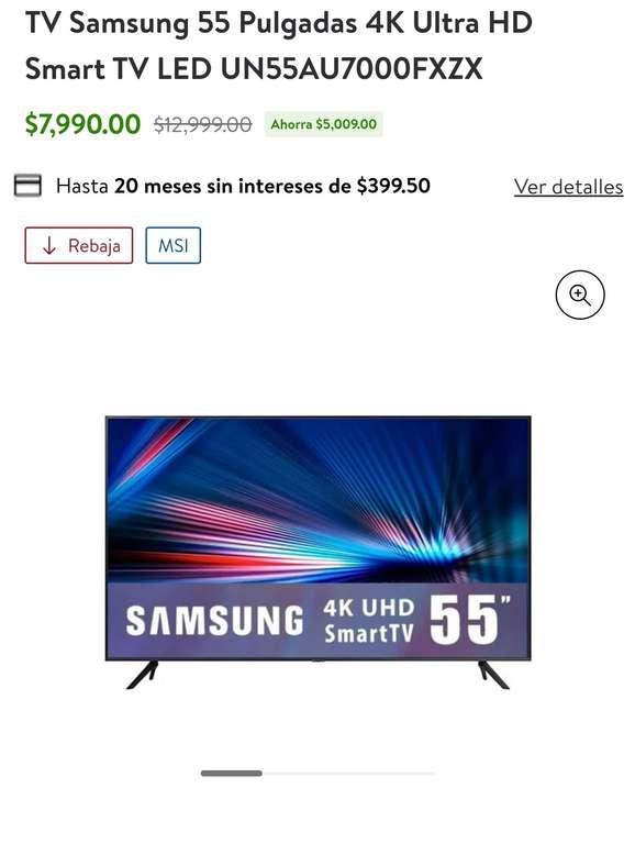 Walmart: TV Samsung 55 Pulgadas 4K Ultra HD Smart TV LED UN55AU7000FXZX