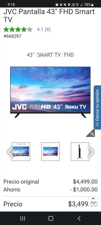 Costco: JVC Pantalla 43" FHD Smart TV sin cupones ni promos bancarias