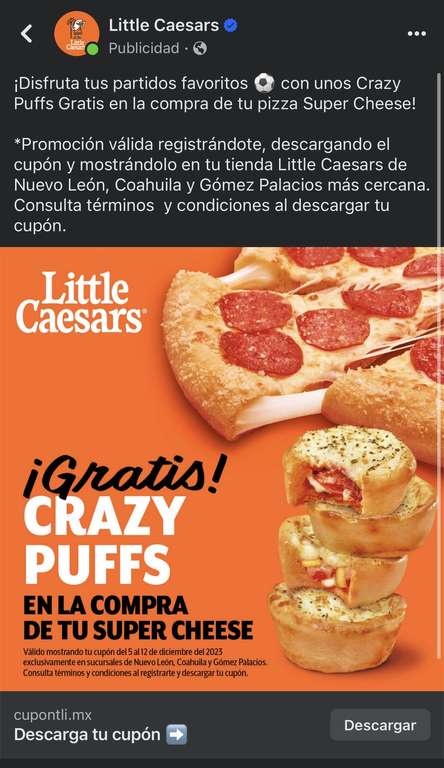 Little Caesars: Crazy Puffs Pepperoni o Hula Hawaiian GRATIS en la compra de Super Cheese Peperoni |ciudades seleccionadas|
