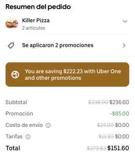 Uber Eats: Killer Pizza - Uber Eats | Uber One (Querétaro): Dos Pizzas Grandes por $152 con cupon
