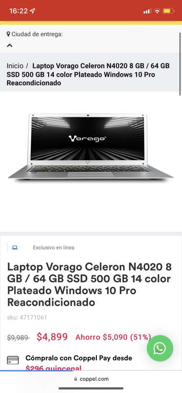 Coppel: Laptop Vorago Celeron N4020 8 GB / 64 GB SSD 500 GB 14 color Plateado Windows 10 Pro Reacondicionado