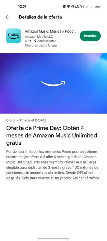 Google Play: Hasta 4 meses (siendo Prime, 3 meses si no) de Amazon Music Unlimited Gratis | usuarios seleccionados