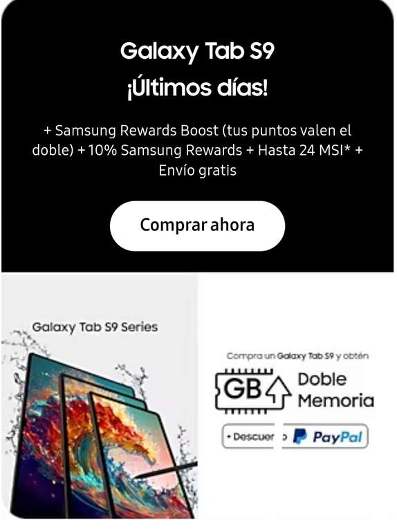 Samsung Store: Tab S9 10% + 5% de descuento + 10% Paypal + 10% Rewards
