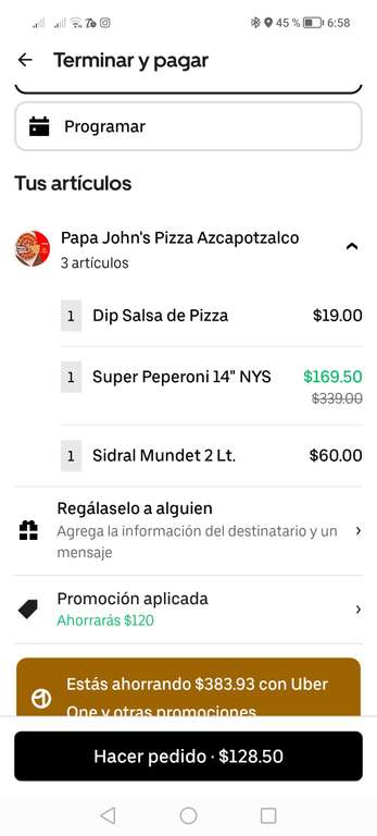 Uber Eats: Pizza grande y refresco por $130 Papa jhons. -Cdmx