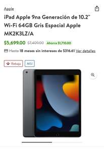Walmart: iPad 9na Generación de 10.2", Wi-Fi, 64GB. Color Gris Espacial