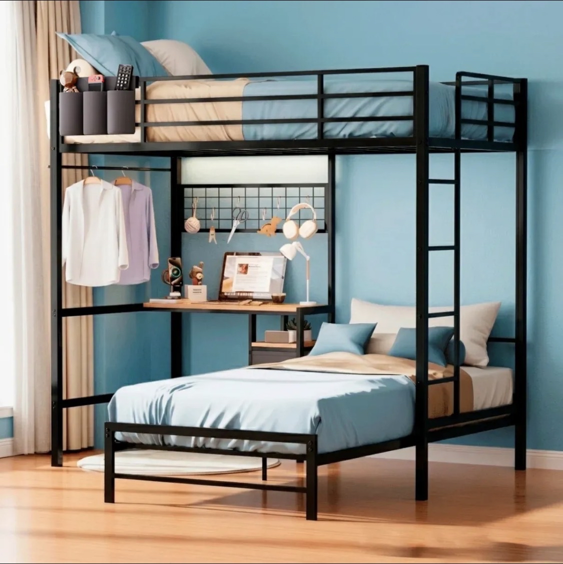 Mercado Libre: Litera Base Cama Individual Con Escritorio, Luz Led/perchero Negro