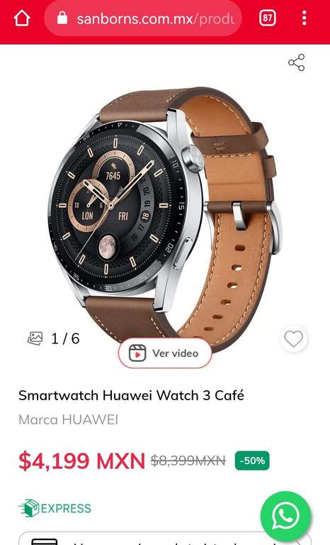 Sanborns: Smartwatch Huawei Watch 3 Café
