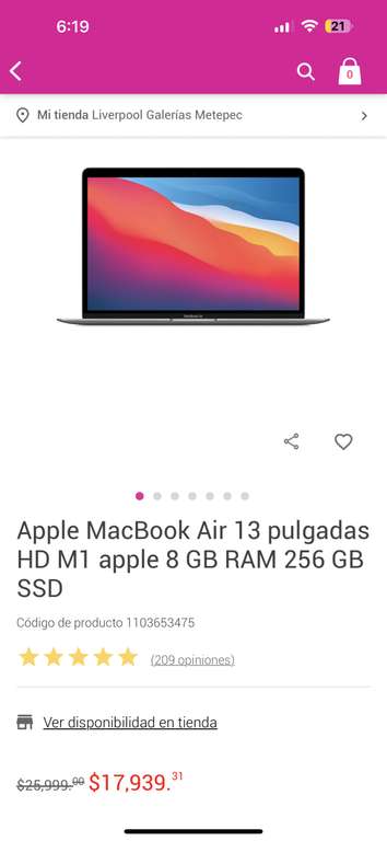 Liverpool MacBook Air M1 13” $15,249 con banorte