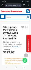 Sinagliptina/Metformina 50/850 a solo $127.67 en Farmacias Guadalajara |  Promodescuentos