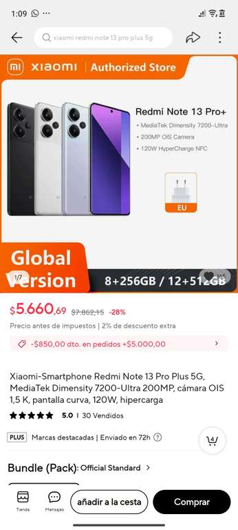Aliexpress: Celular Xiaomi Redmi Note 13 Pro Plus