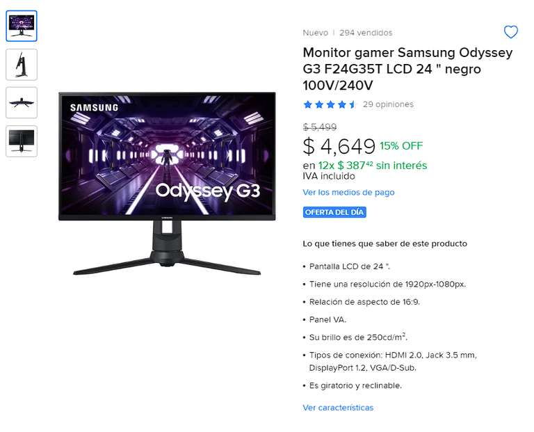 Mercado Libre: Monitor gamer Samsung Odyssey G3 F24G35T LCD 24 | Pagando con Citibanamex