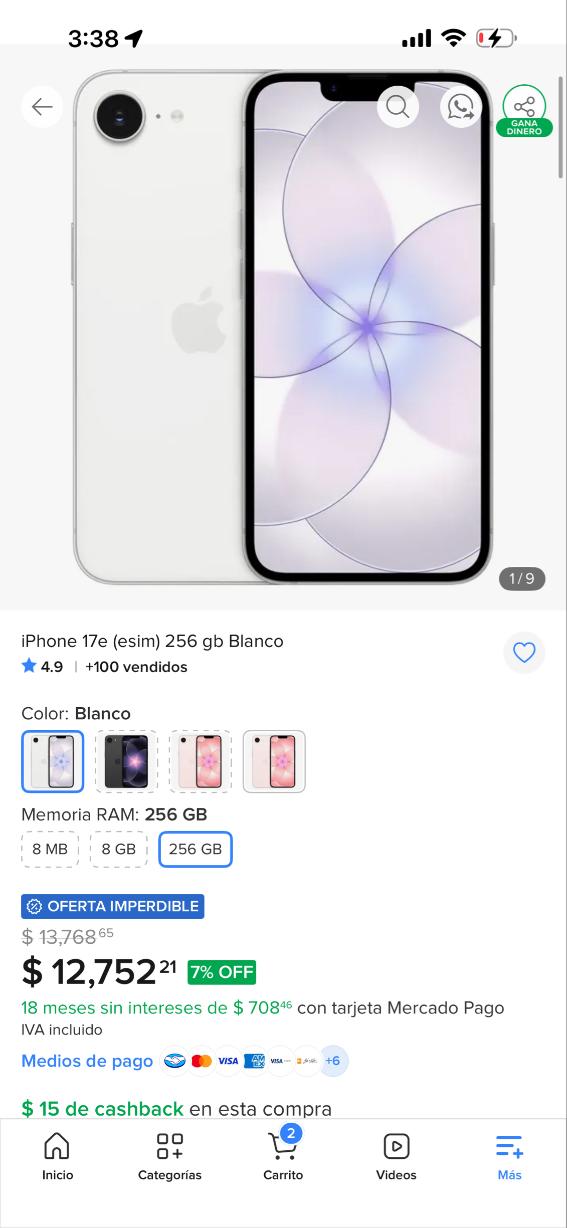Mercado Libre: iPhone 17e (esim) 256gb Blanco
