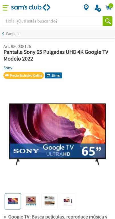 Sam's Club: Pantalla Sony 65 Pulgadas UHD 4K Google TV Modelo 2022 65X80CK