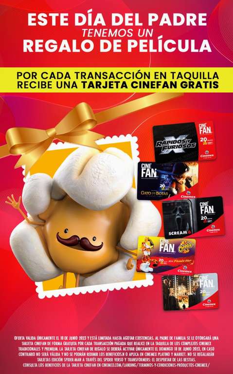 Cinemex: Tarjeta Cinefan gratis a los papás este domingo 18 por comprar en taquilla tradicional o premium