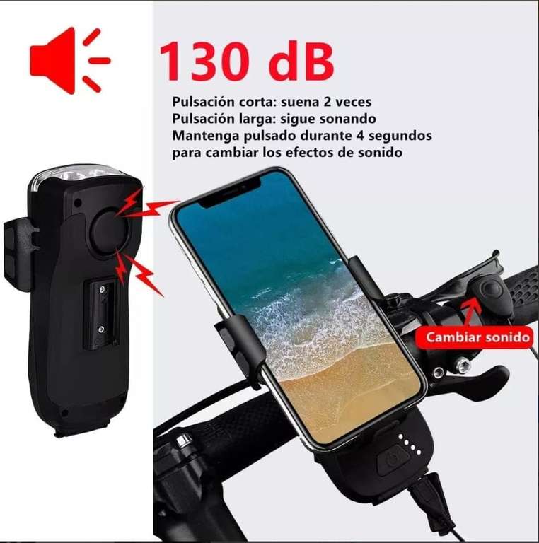 Amazon: MTQ Luces para Bicicleta, USB Recargable, Carga Solar, Altavoz Incorporado 130 Decibelios, Puede Cargar Teléfonos Móviles, 4000 mAh.