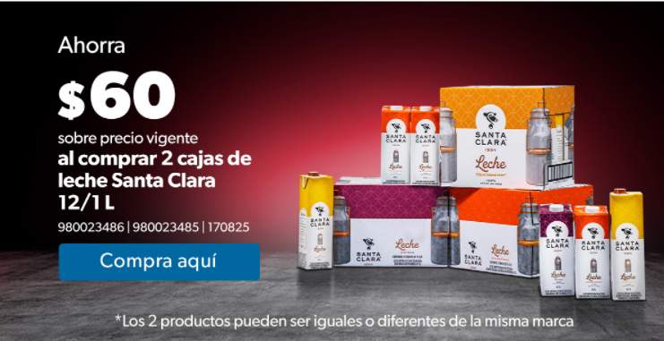 Leche Santa Clara Promoción SAM \ u0027S CLUB al comprar 2 cajas de 12 cada  l 1L \ u003d 