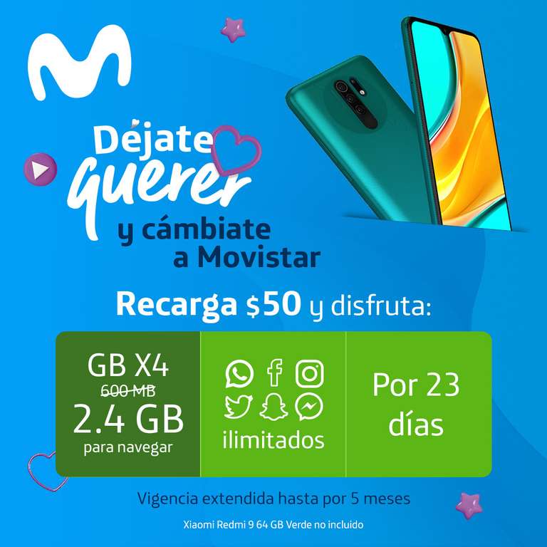 Movistar: 2.4GB Para Navegar + Redes sociales sin límite por 23 Días por sólo $50 MXN al portar línea