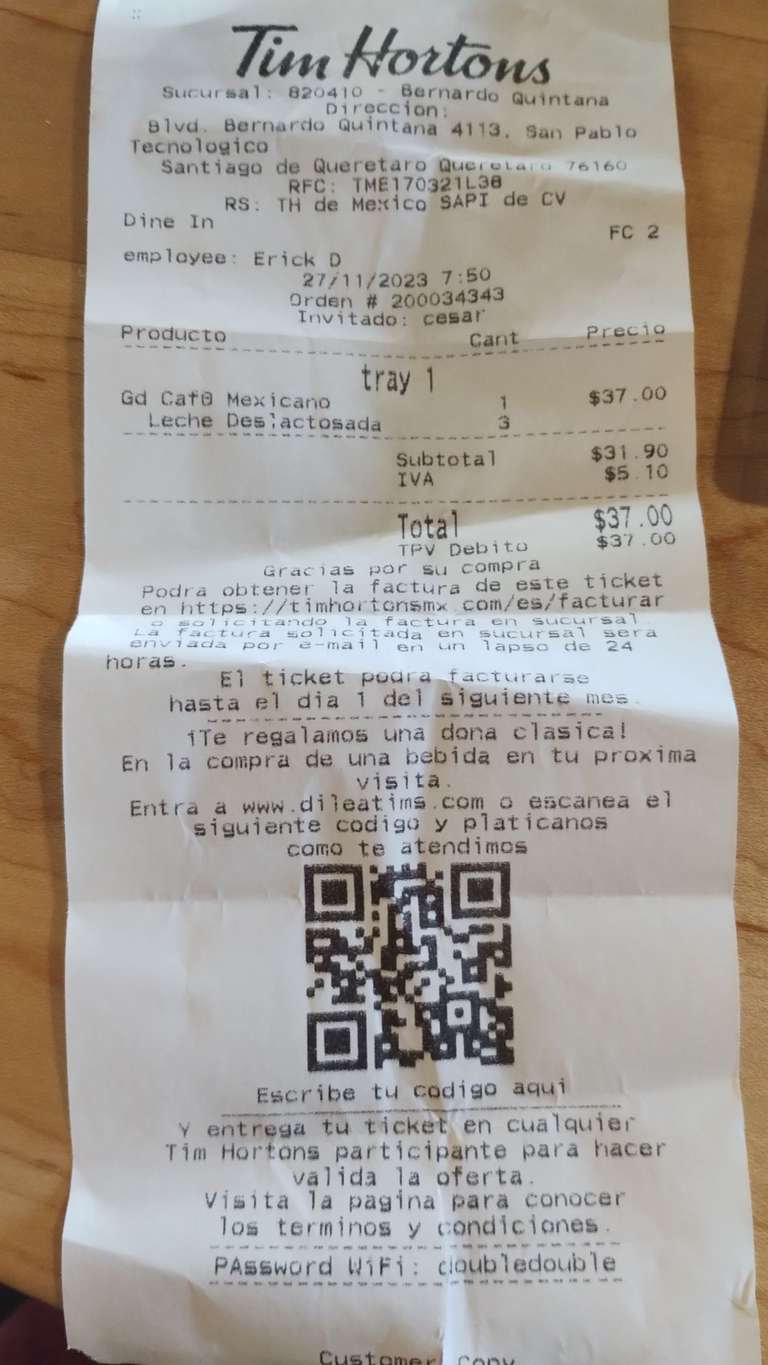 Tim Hortons: Dona gratis al responder su encuesta escaneando el código QR de tu ticket de compra