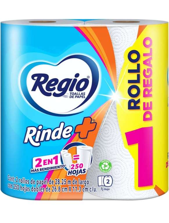 Amazon: Regio Rinde+ Toallas de papel, 250 hojas dobles, 1 rollo + 1 rollo gratis (envío gratis prime)