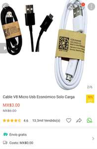 Shopee: Cable v8 micro usb solo carga a 3 pesitos con envío gratis!!