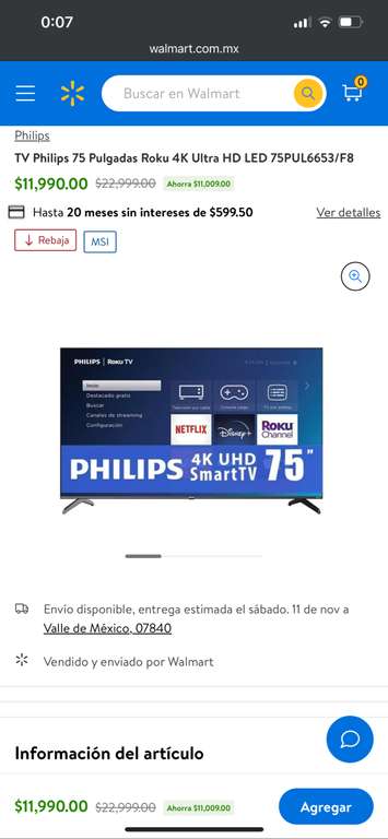 Walmart: TV Philips 75 Pulgadas Roku 4K Ultra HD LED 75PUL6653/F8 | Pagando a 18 MSI con BBVA o citibanamex