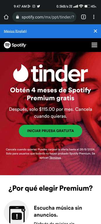 Tinder: (Tinder GOLD) 4 meses de Spotify premium individual gratis Solo para usuarios que todavía no hayan probado Spotify Premium