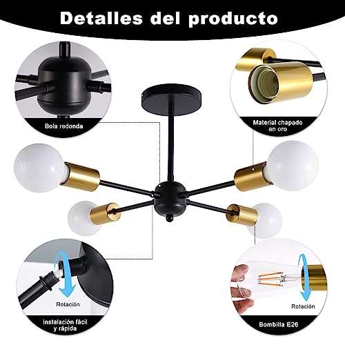 Amazon: Lámpara de Techo Para Interior de Casa LINGLUCKY Moderna Colgante Negro Y Dorado 4 luces | envío gratis con prime