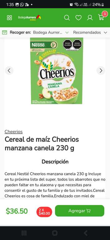 Cereal Cherrios 2x$40 y Snickers paq. 11 piezas x $69