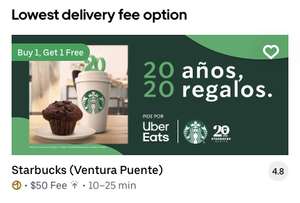 Uber Eats y Didi Food [Starbucks]: Productos seleccionados al 2 x 1
